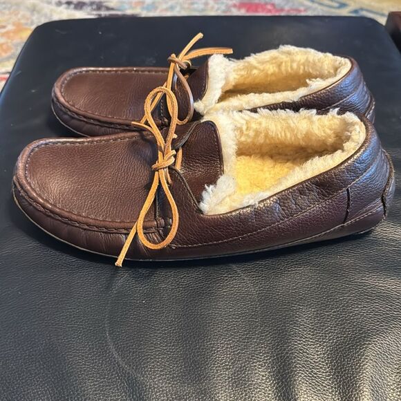UGG Byron Chocolate Brown Leather Shearling Lined Driving Moccasins Slippers - Picture 3 of 10